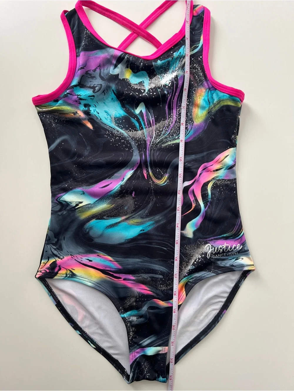 Justice Dance Gym Leotard Girls M 10 Black Neon Marble Gymnastics Dance